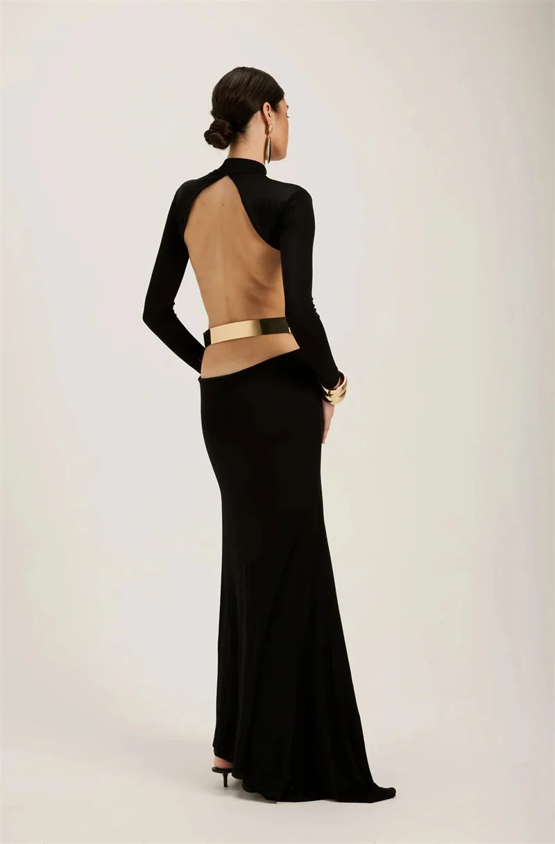 Maxi turtleneck dress with open back and buckle - EINAT