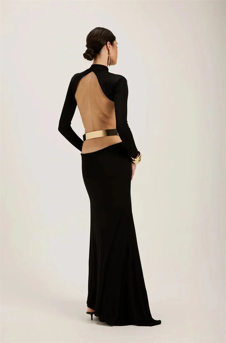 Maxi turtleneck dress with open back and buckle - EINAT