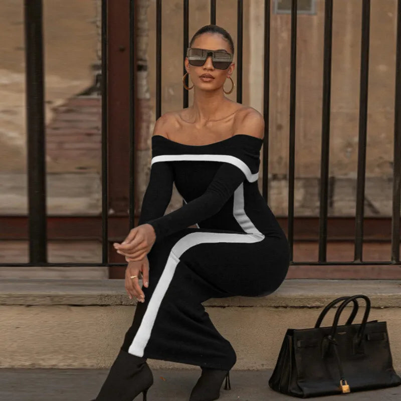 שמלת מקסי כתפיים חשופות בעיטור קווי מתאר - קייטי