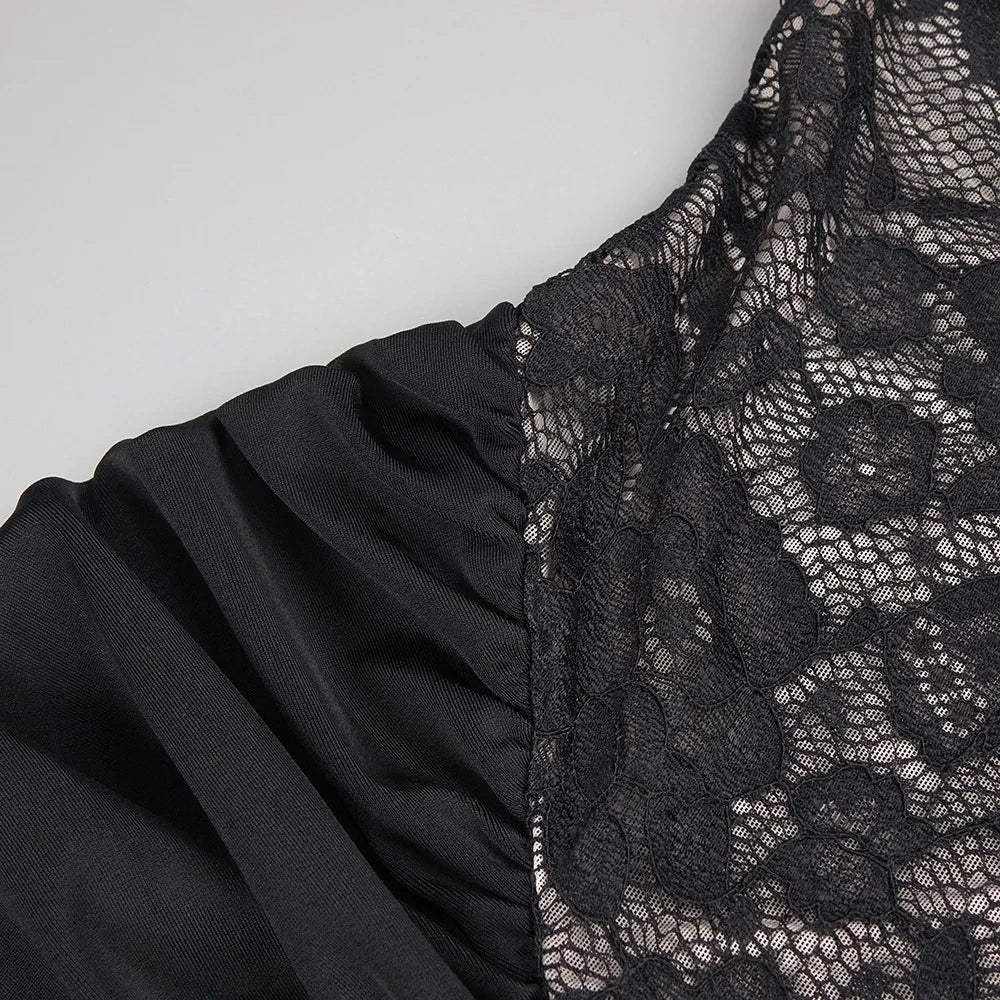 שמלת מקסי כיווצים בגזרת קולר בעיצוב תחרה אטומה גב פתוח - Elliana