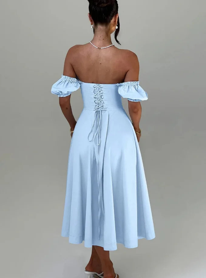 שמלת מקסי בגזרת A בעיצוב כתפיים חשופות שרוולים נפוחים - ג'ינה