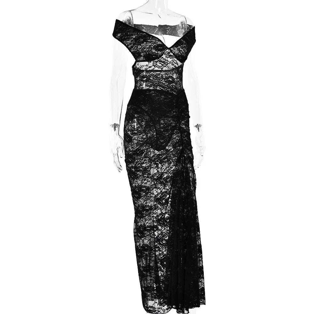 שמלת מקסי תחרה כתפיים חשופות בעיצוב שסע - אמיליאנה