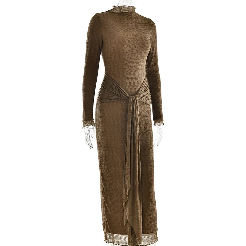 שמלת מקסי כיווצים בעיטור קשירה צווארון גולף - הלסי