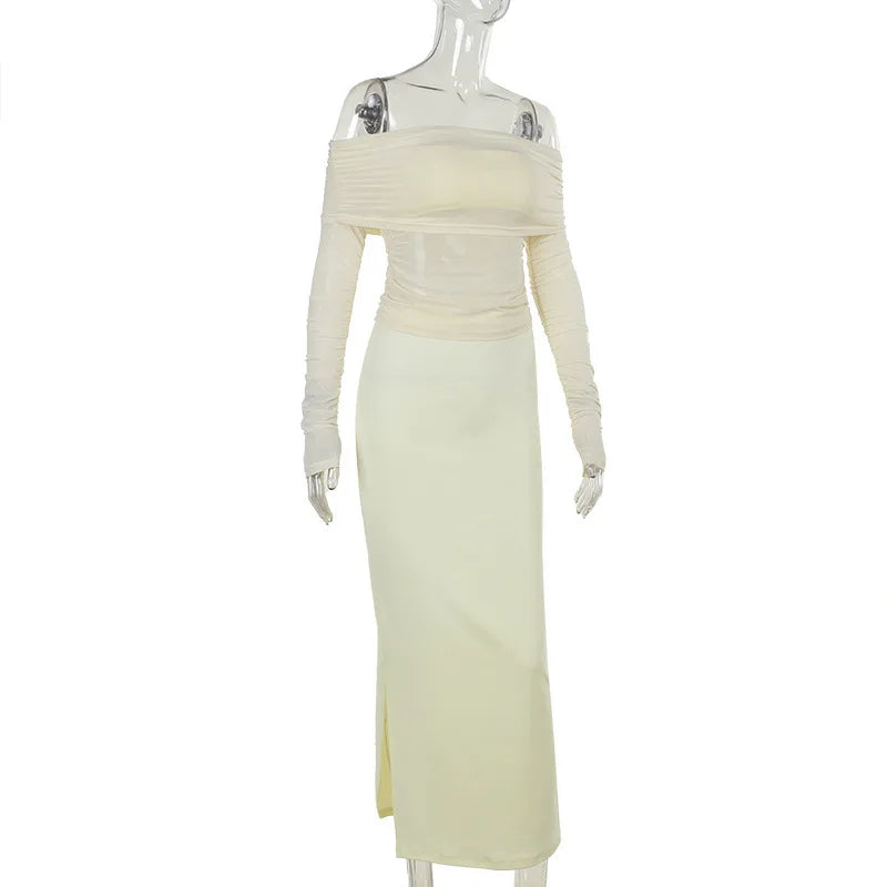 סט שני חלקים חצאית מקסי וחולצת רשת כתפיים חשופות - בלינה