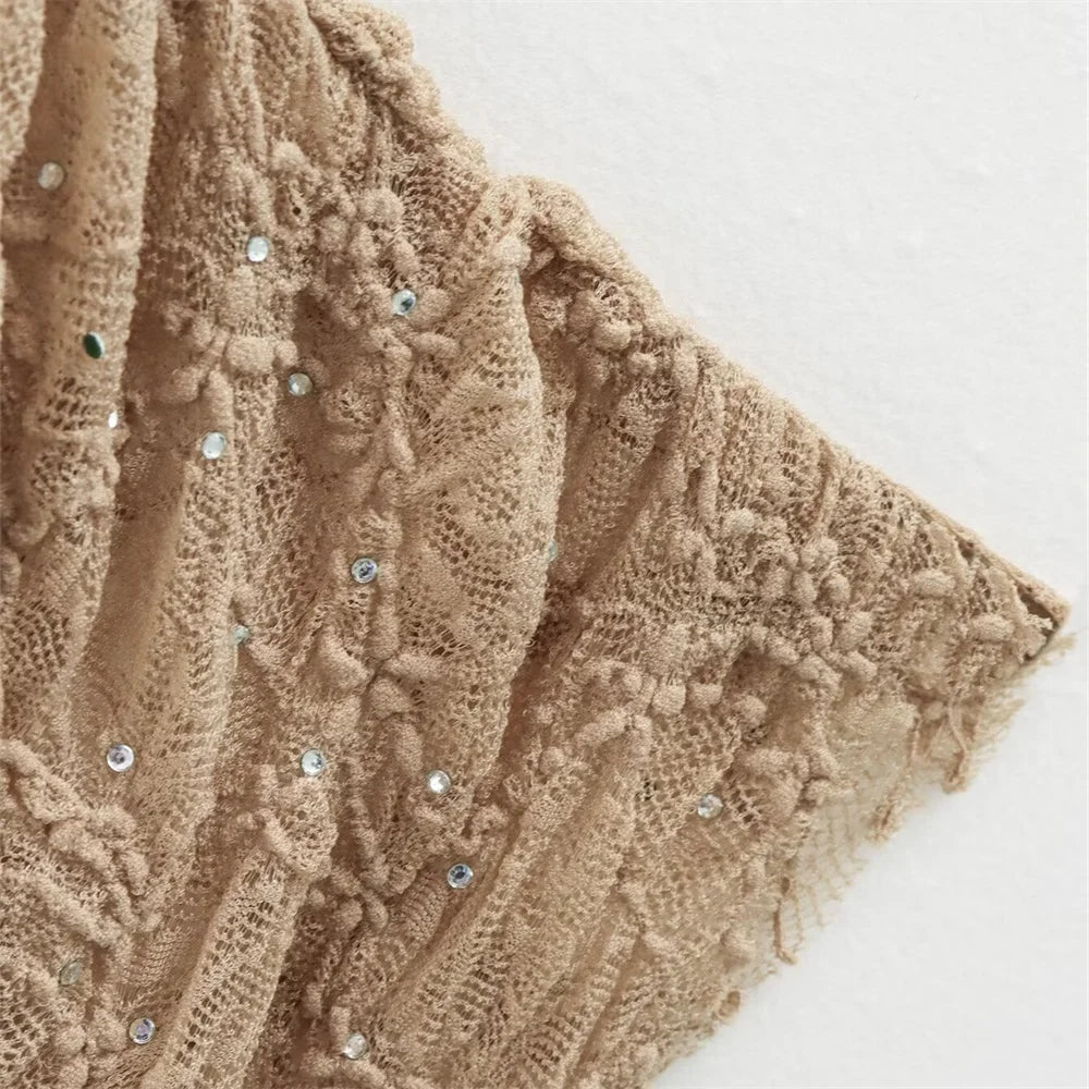 סט שני חלקים טופ כתפייה אחת וחצאית מידי בעיצוב קפלים תחרה בעיטור זרקונים - MELLISA