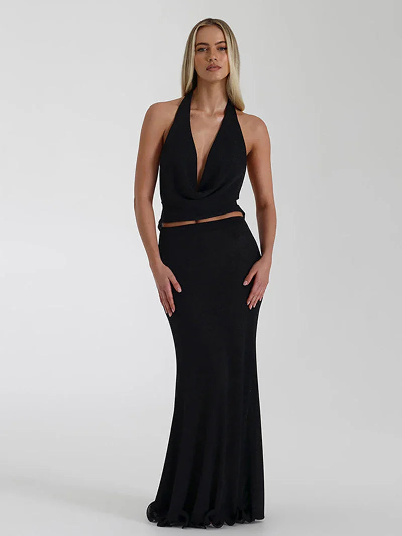Two-piece set in a flowing fabric design, a drop-neck top with an open back and a maxi skirt - Scarlet