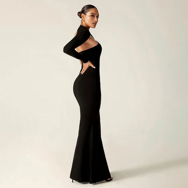 Asymmetrical maxi evening dress with deep slit and one sleeve - Eva