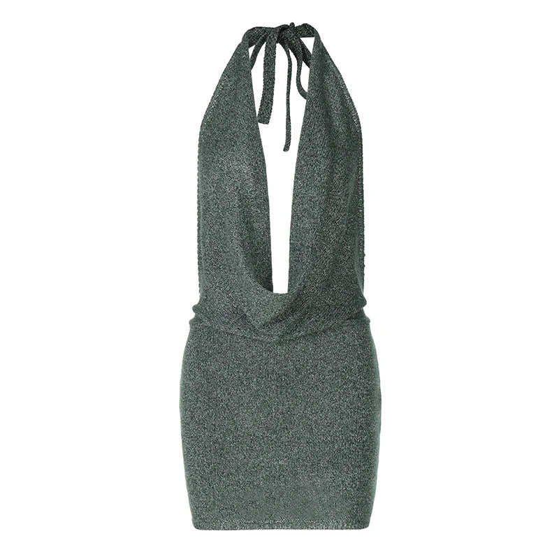 שמלת מיני סרוגה נצנצים צווארון נופל גב פתוח - קסם