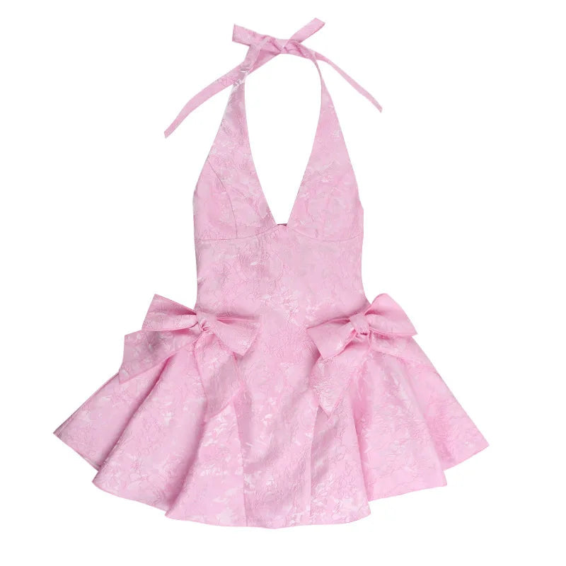 שמלת מיני בגזרת A קשירה בצוואר בעיצוב רקמת איורי פרחים בעיטור פפיונים - קרולינה