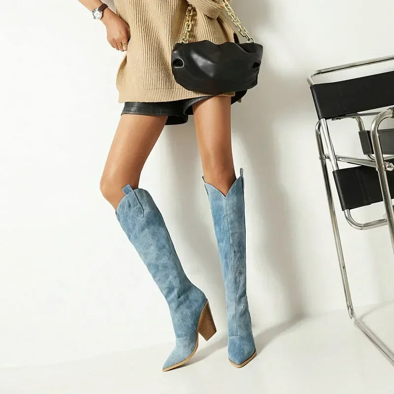 High denim pointed heel boots - Fern