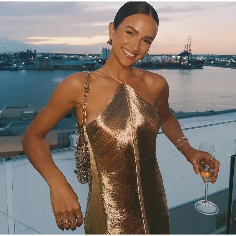 שמלת מקסי חוטים מבריקים גב פתוח - Ashley