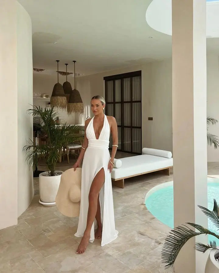 שמלת מקסי מחשוף V שסע עמוק קשירה בגב פתוח - לריאן