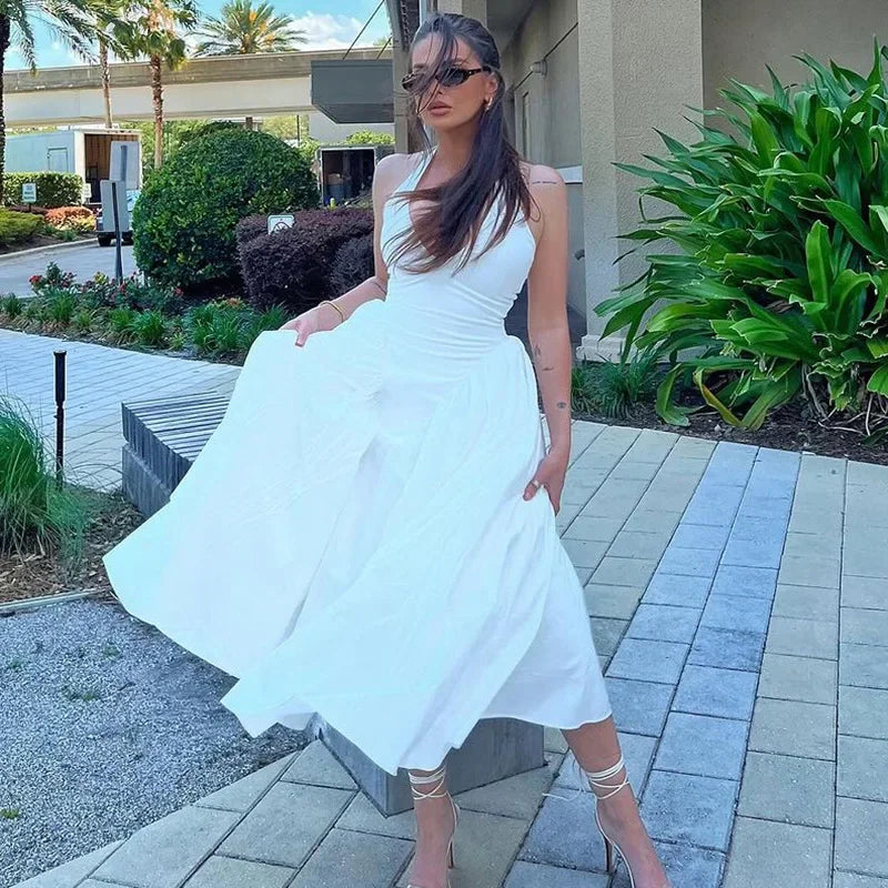 שמלת מידי בגזרת A קשירה בצוואר גב פתוח - Makenna