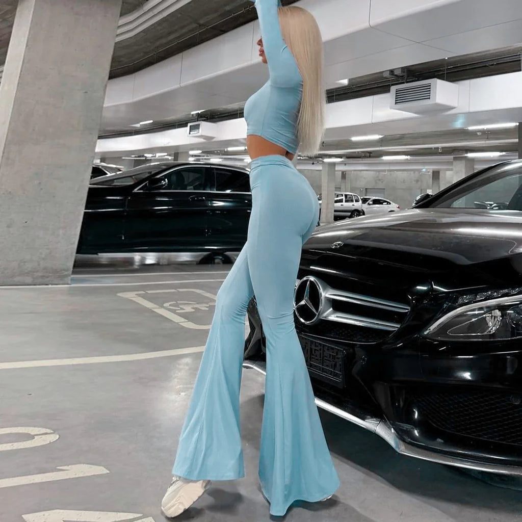 סט שני חלקים סרוג מכנסי פדלפון וחולצת בטן שרוולי פעמון - Zuri