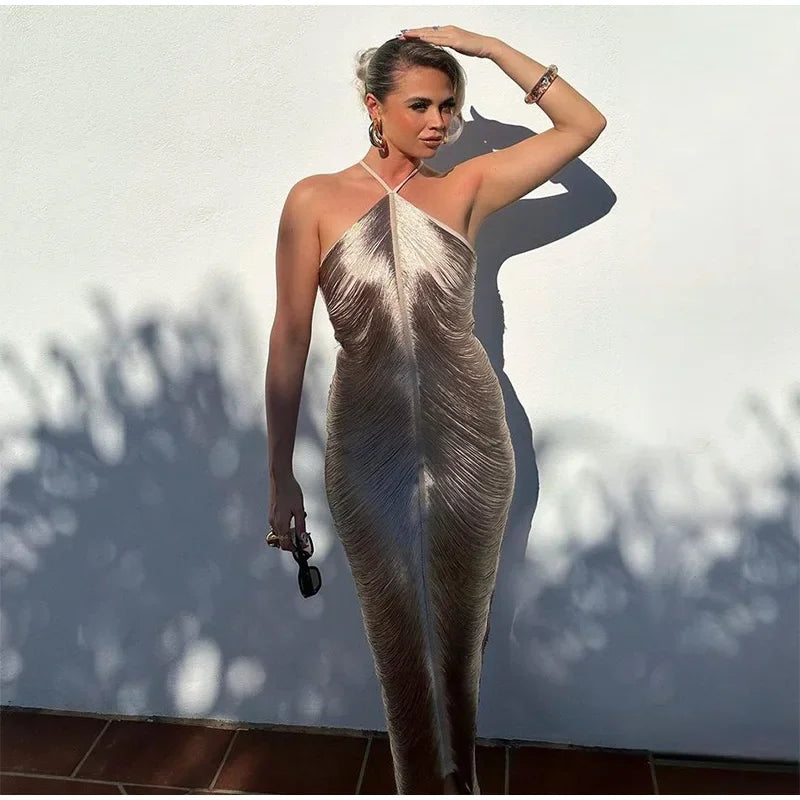 שמלת מקסי חוטים מבריקים גב פתוח - Ashley