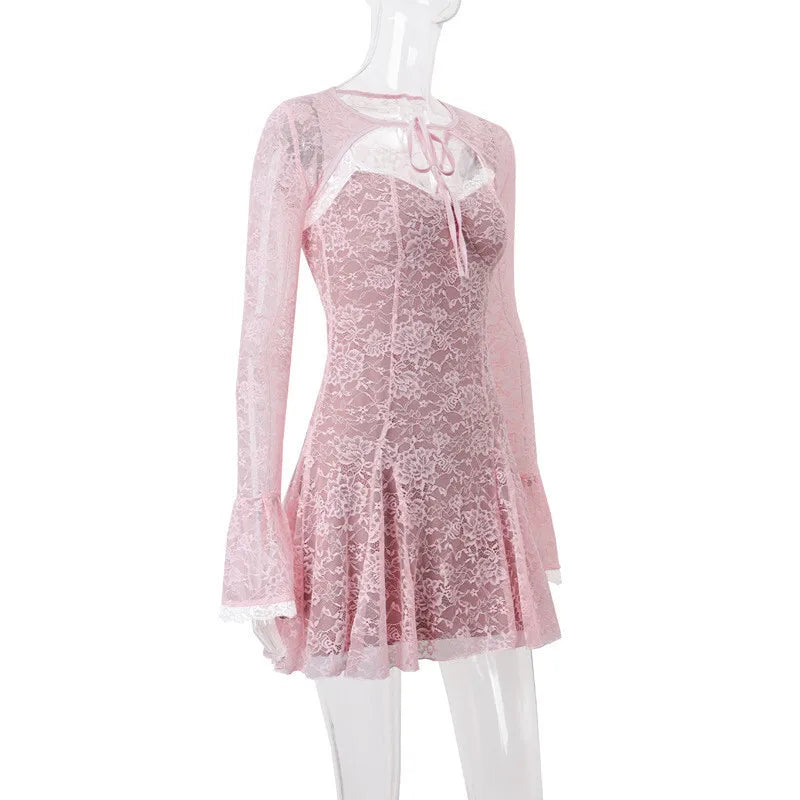 שמלת מיני תחרה בעיטור עליונית שרוולים סגירת קשירה - פולינה