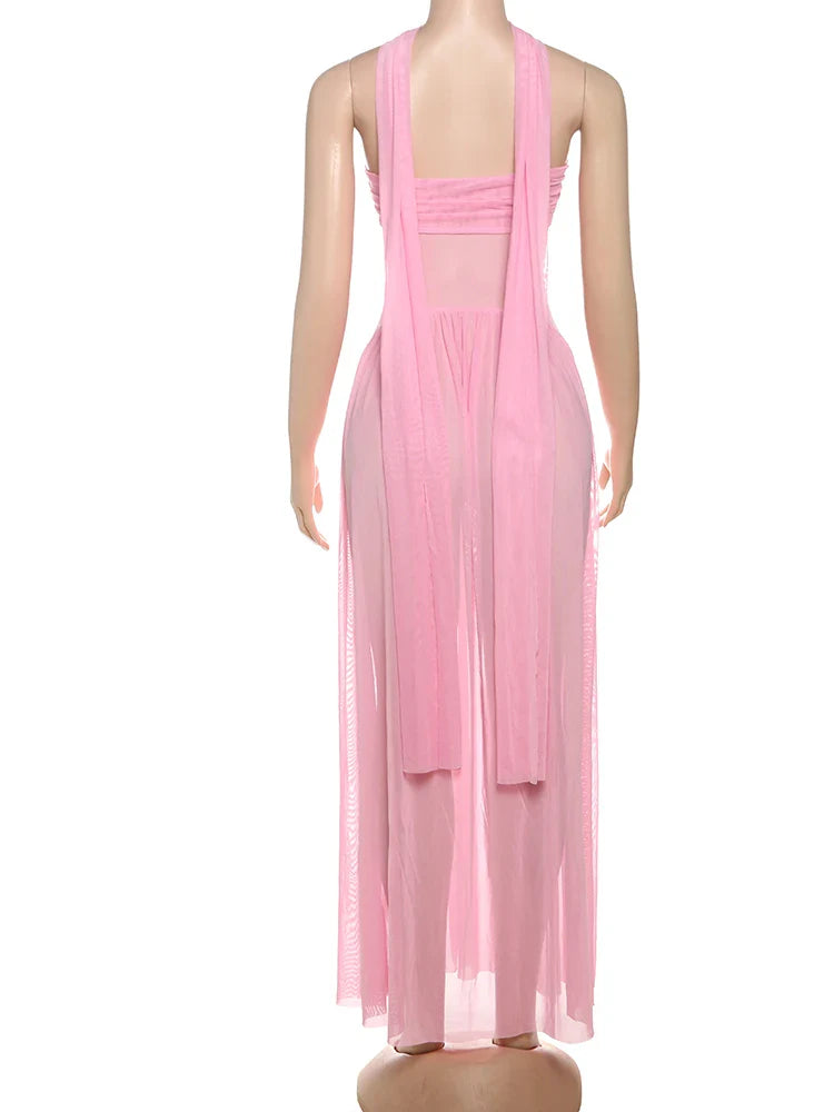 שמלת מקסי סטרפלס שיפון בעיצוב כיווצים בעיטור צעיף תואם - מיה