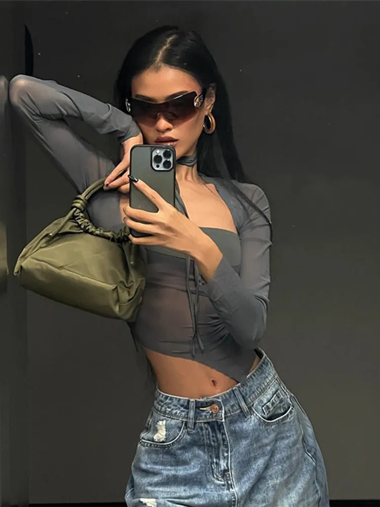 חולצת רשת בחיתוך אסימטרי - ניקס