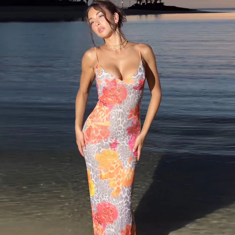 שמלת מקסי הדפס מנומר ופרחים גב פתוח - נוריה