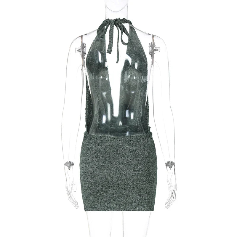 שמלת מיני סרוגה נצנצים צווארון נופל גב פתוח - קסם