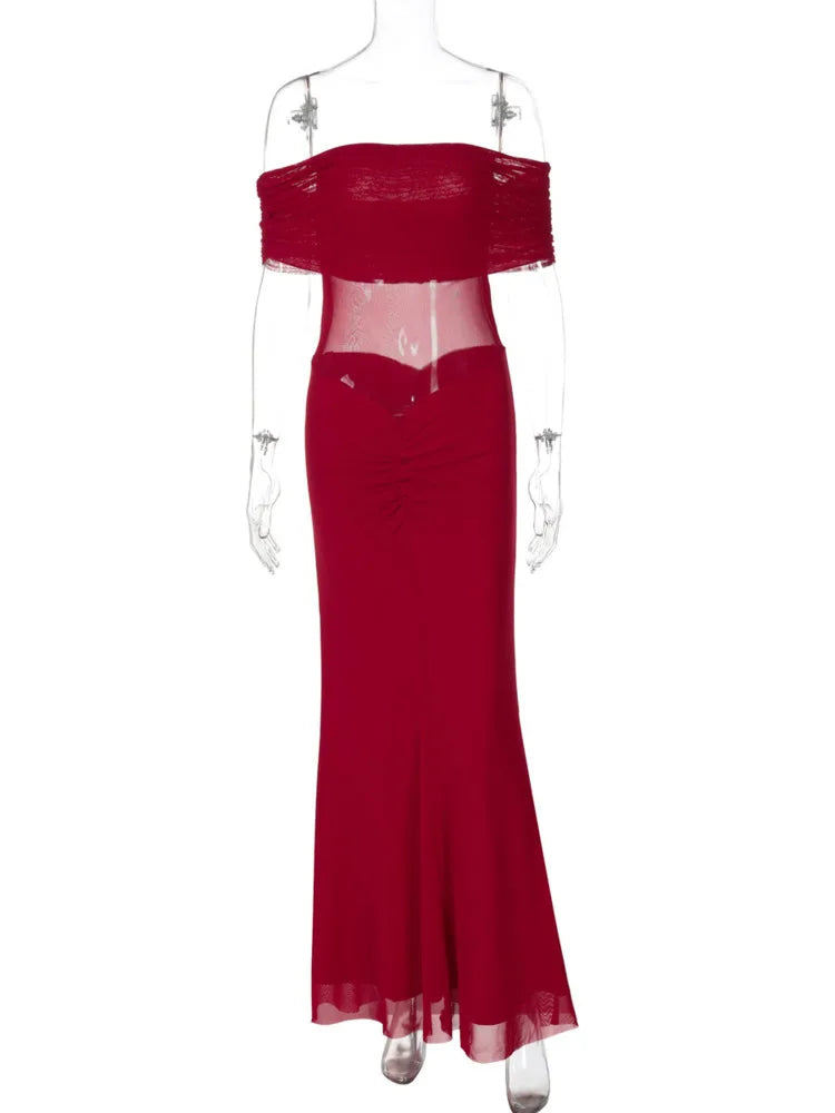 שמלת מקסי כיווצים כתפיים חשופות בעיצוב רשת - רונה