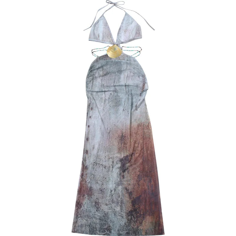 שמלת מקסי שיפון בעיטור שרשראות חרוזים וצדפת זהב - פלישיה