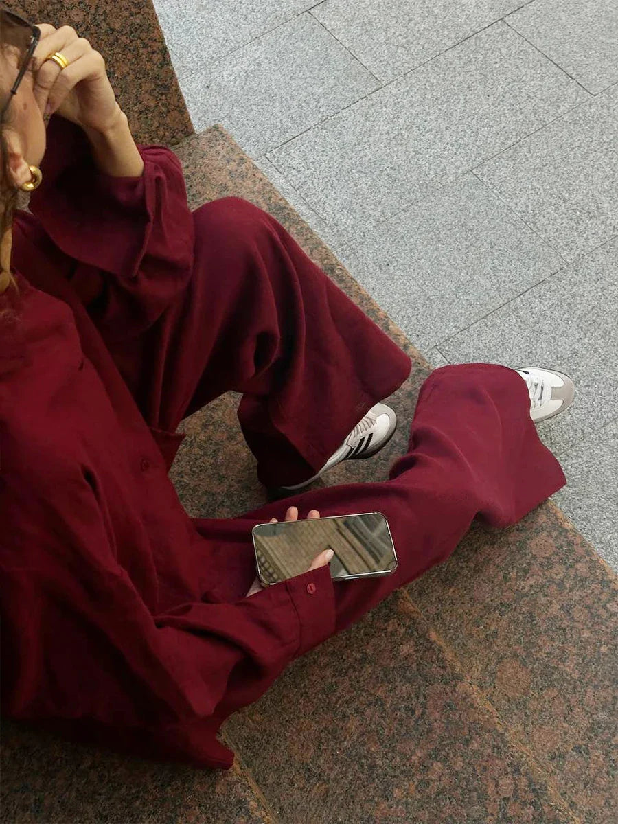 חליפת פשתן 2 חלקים חולצה ומכנסיים ארוכים - צוף