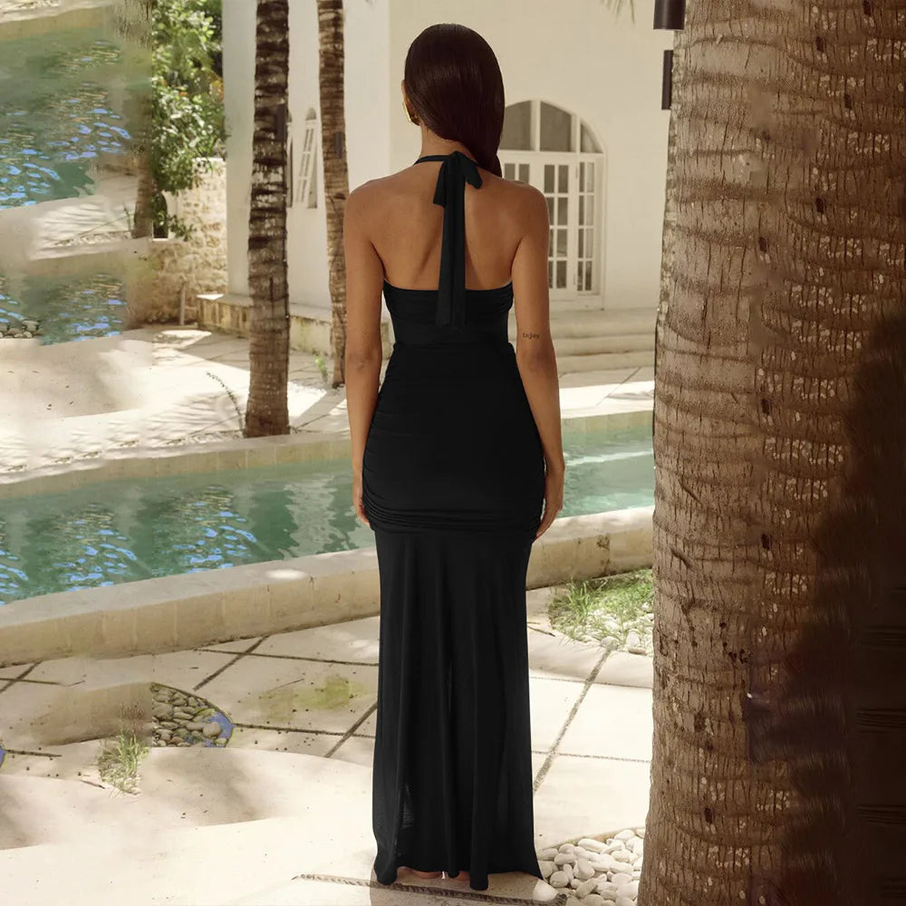 שמלת מקסי שיפון בעיטור כיווצים ומלמלה קשירה בצוואר - שלי