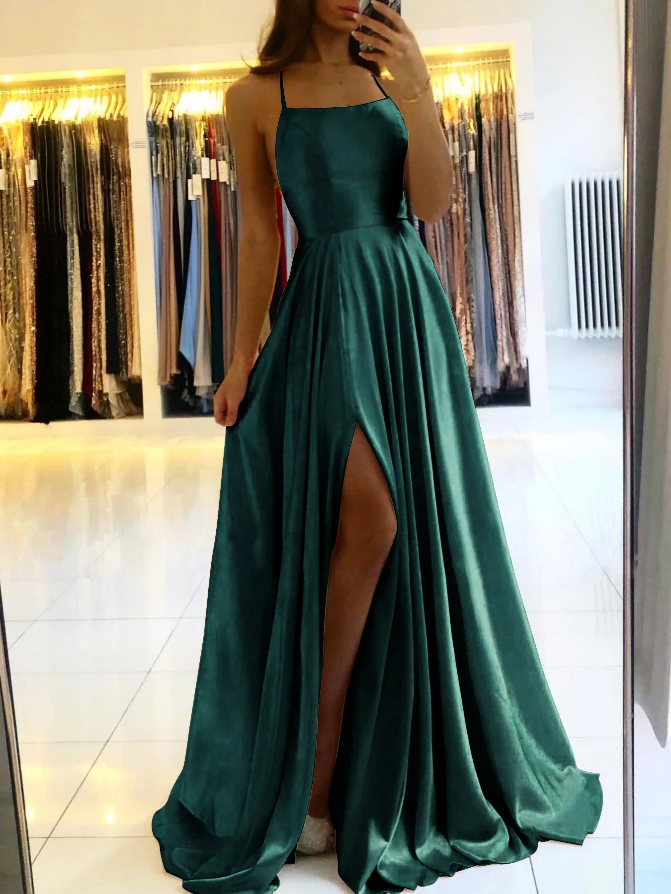 שמלת מקסי סאטן אלגנטית בעיטור שסע בגזרת A קשירה בגב - פרינס