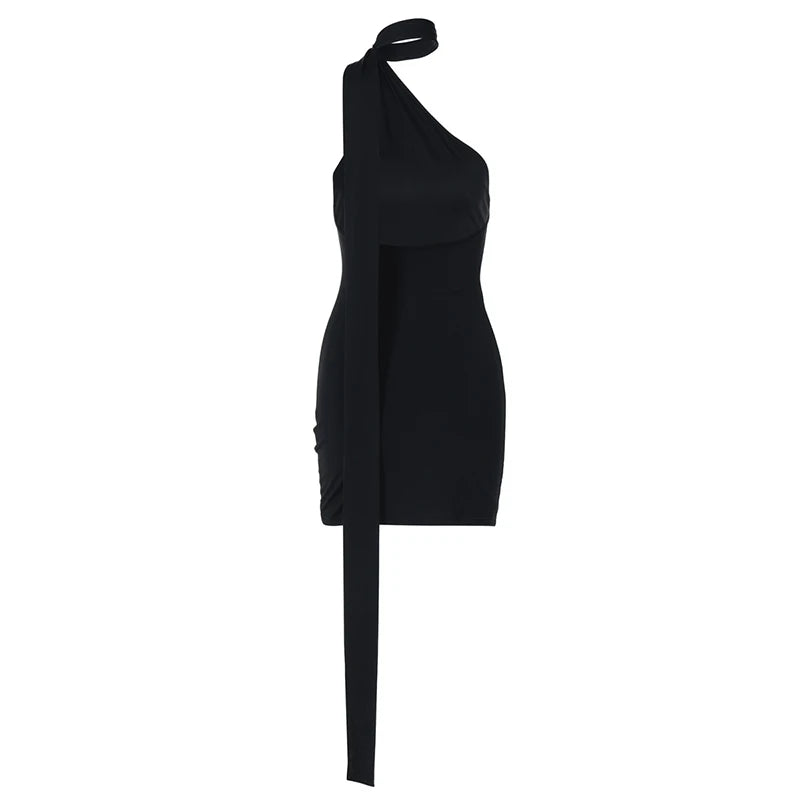 שמלת מיני גב פתוח צווארון אסימטרי בעיטור קשירה בצוואר - ריין