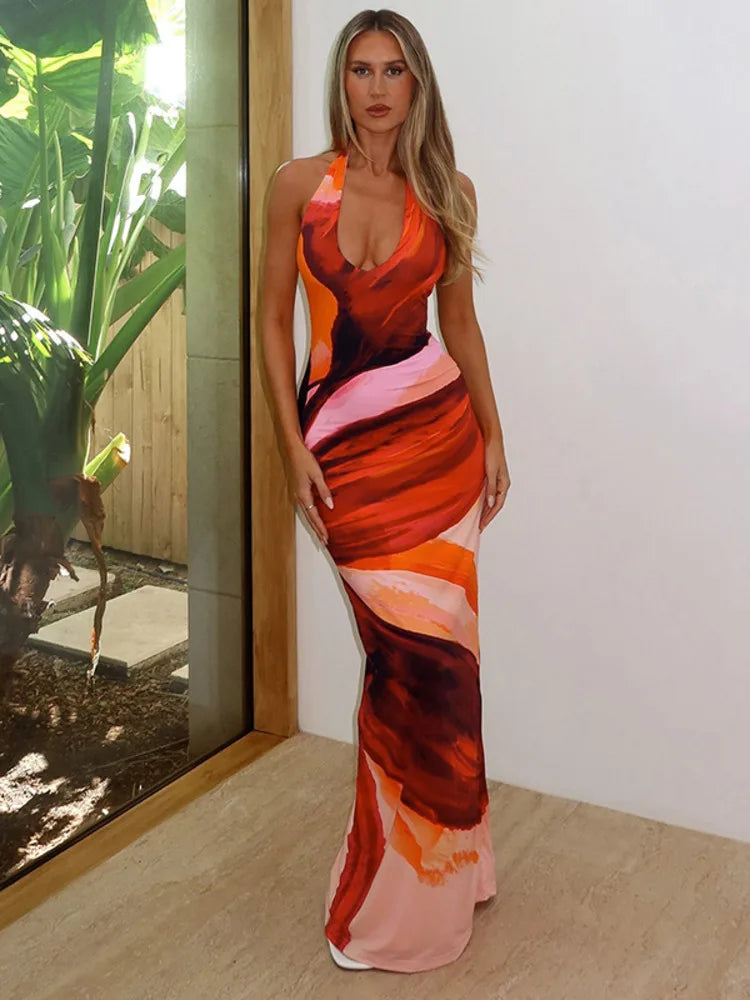 שמלת מקסי בהדפס צבעוני קשירה בצוואר גב פתוח - חוליה