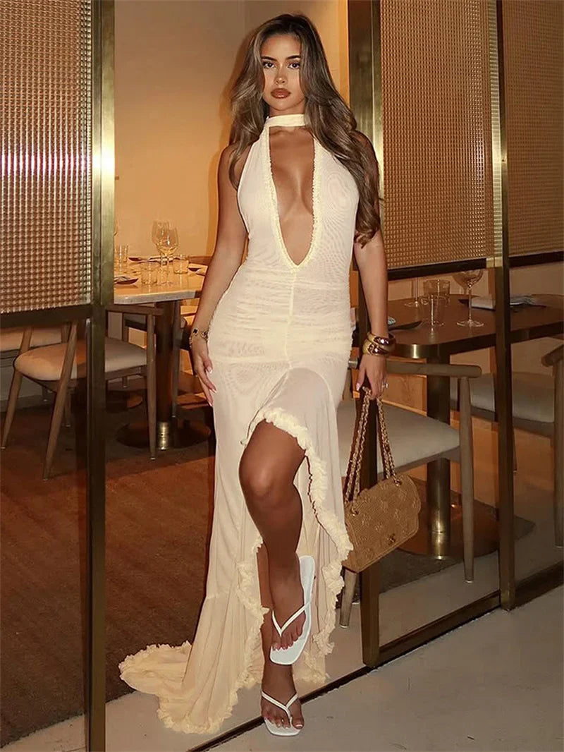 שמלת מקסי שיפון כיווצים מלמלה בעיצוב אסימטרי בעיטור צעיף תואם - מילקה