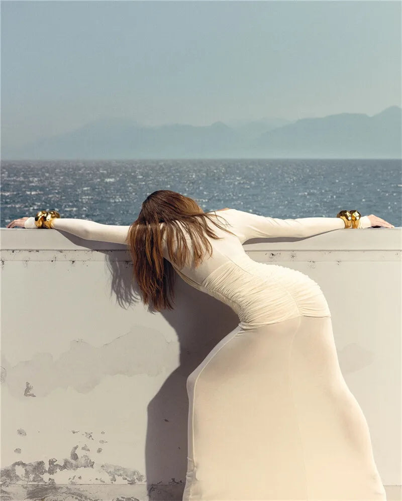 שמלת מקסי רשת בעיצוב כיווצים - גוון