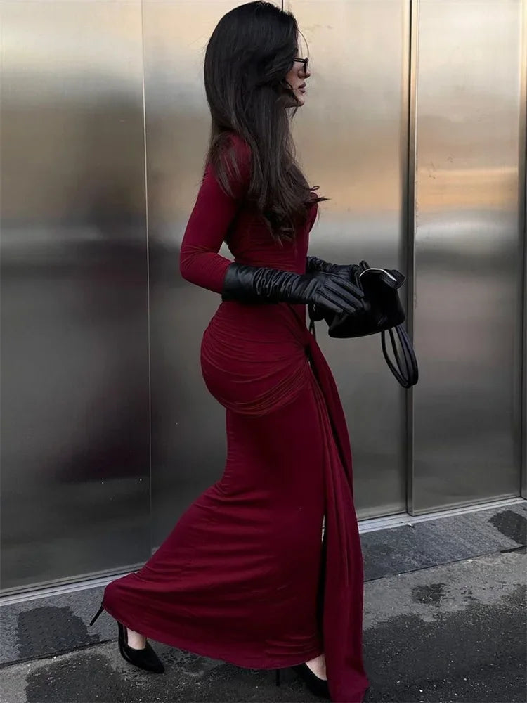 שמלת מקסי צנועה בעיצוב כיווצים וקשירה - נאהב