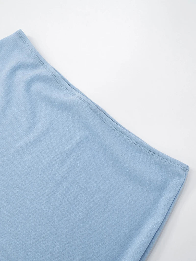 סט שני חלקים בעיצוב בד נשפך טופ צווארון נופל גב פתוח וחצאית מקסי - סקרלט