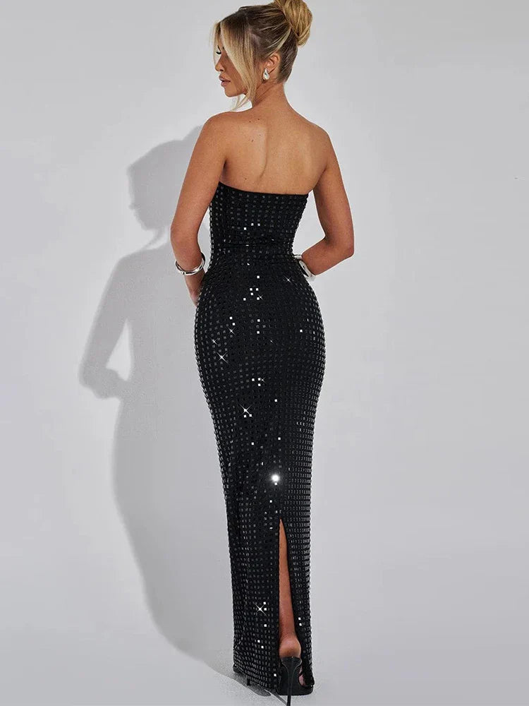 שמלת מקסי סטרפלס בעיצוב ריבועים מנצנצים - Melanie