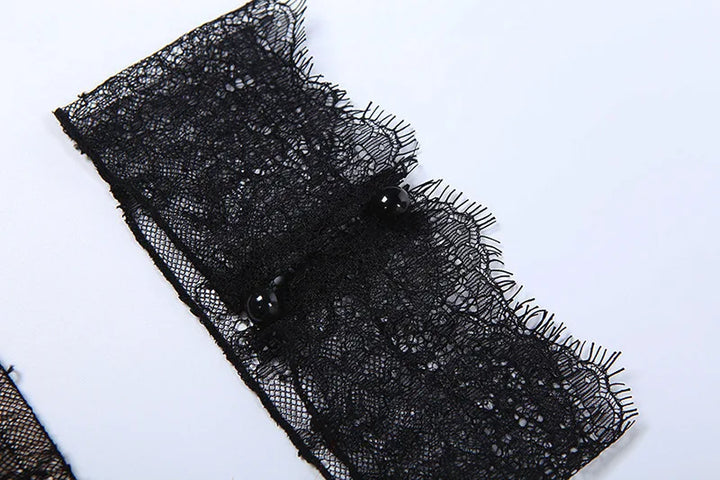 Strapless satin maxi dress in lace design with gloves and collar - GEE