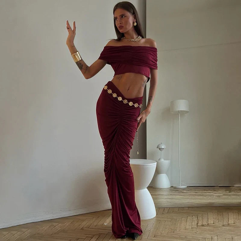 סט בעיצוב כיווצים חצאית מקסי וטופ כתפיים חשופות - מאור