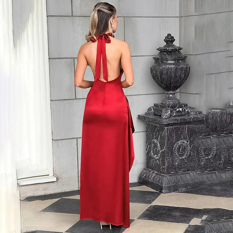 שמלת מקסי סאטן גב פתוח בעיצוב קולר ושסע  - נסטיה