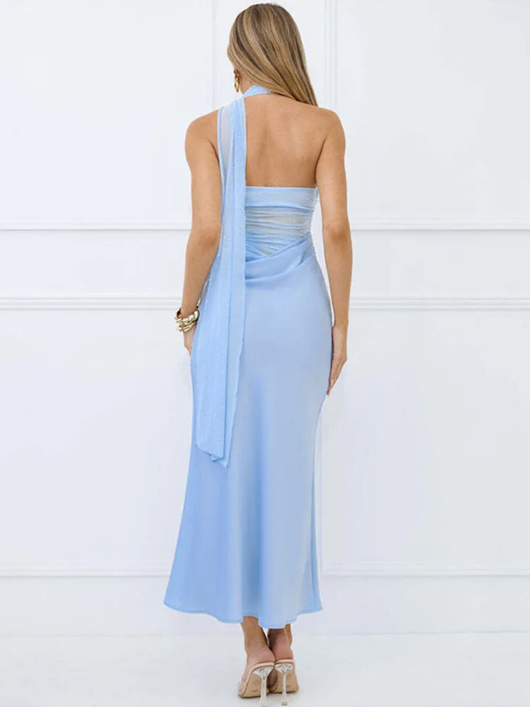 שמלת מקסי בעיצוב רשת וליפוף צעיף בצוואר - ללין