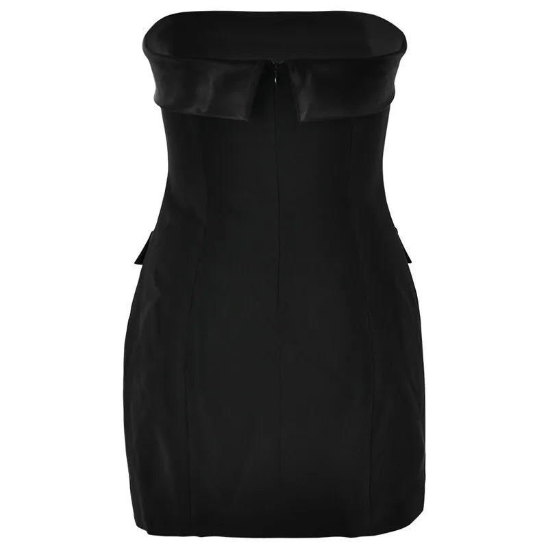 שמלת מיני סטרפלס בעיטור כפתורים ודמוי כיסים - בוני