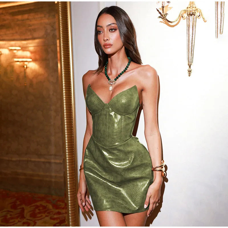 שמלת מיני סטרפלס דמוי עור מנוחש בעיצוב מחוך - Kailani