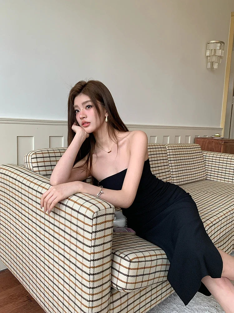 שמלת מידי סטרפלס אלגנטית בעיטור שסע - קורל