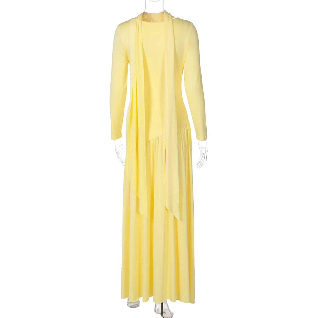 Elegant maxi dress with a slit design and a scarf decoration - RONA LI