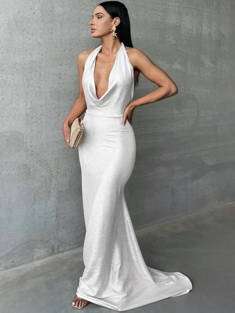 שמלת מקסי צווארון נופל גב פתוח - זינה