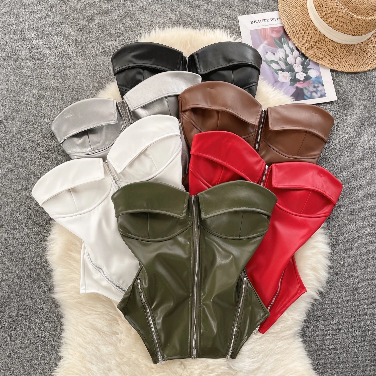 מחוך סטרפלס דמוי עור סגירת רוכסן קדמי - Carter