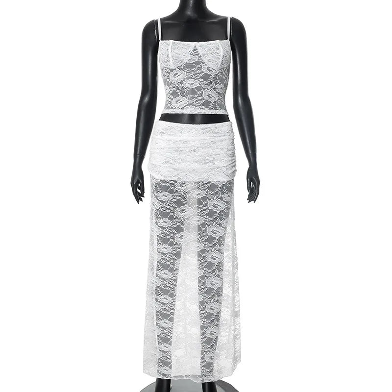 Two-piece lace set, tie-back tank top and maxi skirt - Rachel