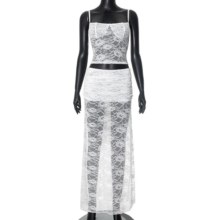 Two-piece lace set, tie-back tank top and maxi skirt - Rachel