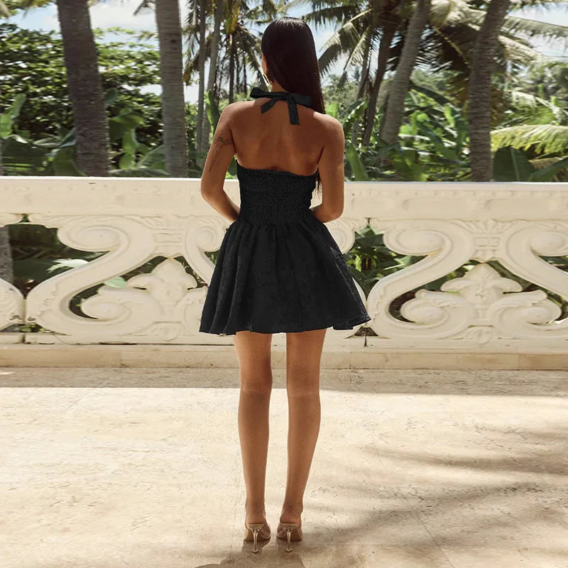 שמלת מיני בגזרת A בעיצוב רקמת איורי פרחים קשירה בצוואר - אל אריה