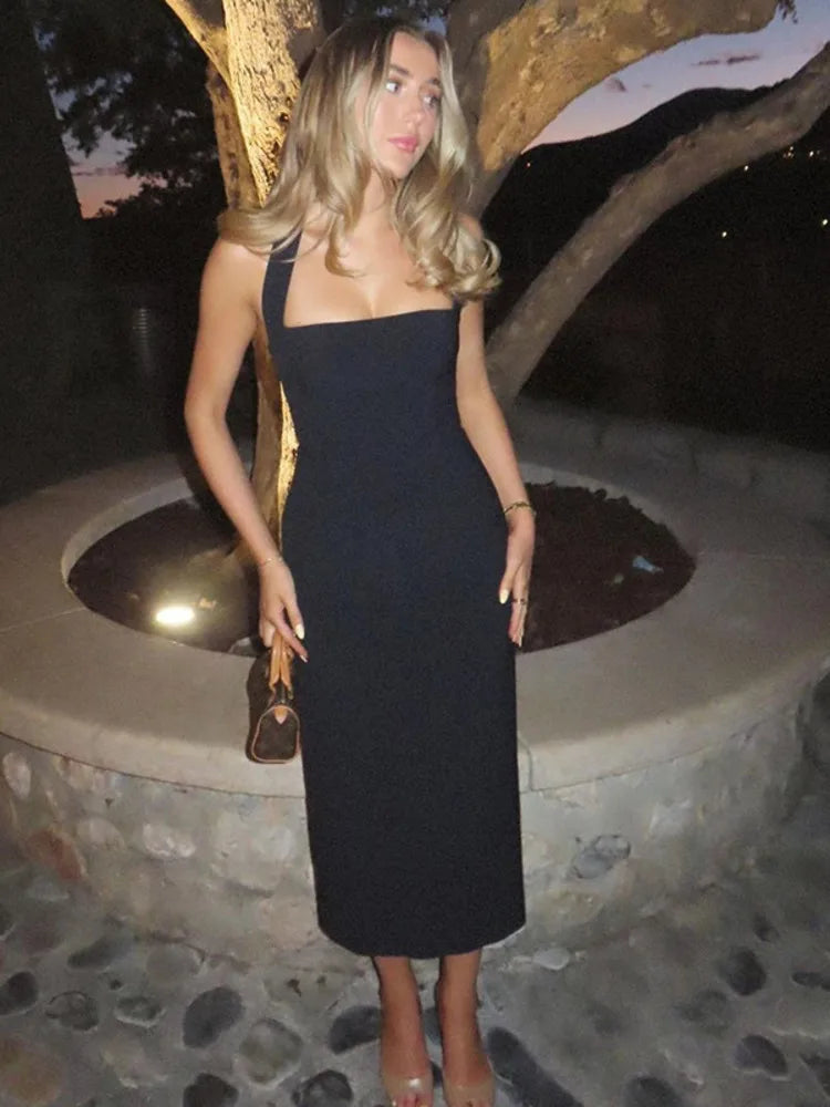 שמלת מידי צמודה בד מחטב גב פתוח - Paislee